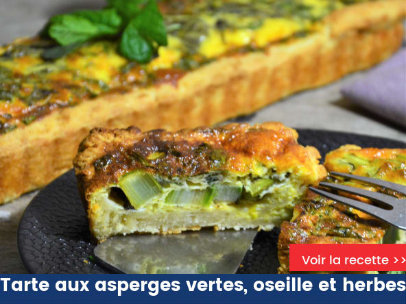 Tarte aux asperges vertes, oseille et herbes